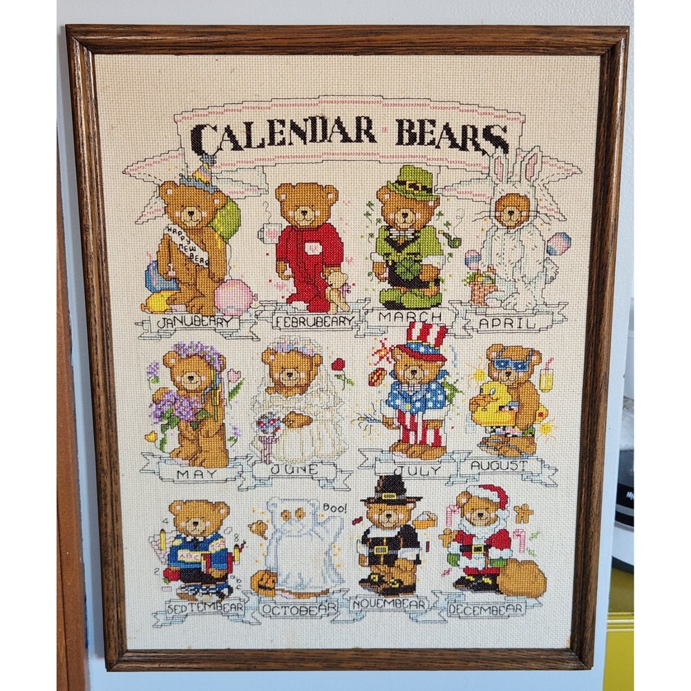 Beautiful Framed‎ Hand-stitched Cross Stitch "Calendar Bears" 19 X 15 Inch